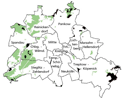 Karte der Berliner Gebiet innerhalb der Stadtgrenzen und Markierungen der Schutzgebietsflchen